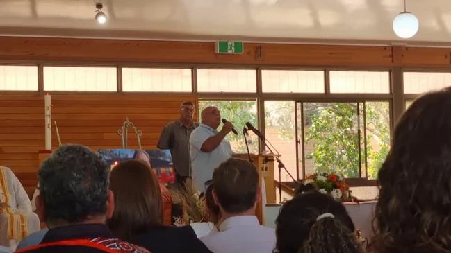 Dennis 'Mop' Conlon sings at Uncle Bevan Costello's funeral