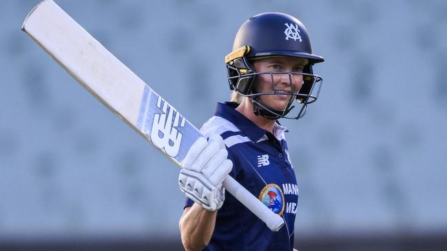 ADELAIDE, AUSTRALIA - JANUARY 29:  Meg Lanning of Victoria   celebrates making her half century during the WNCL match between South Australia and Victoria at Adelaide Oval, on January 29, 2024, in Adelaide, Australia. (Photo by Mark Brake/Getty Images)