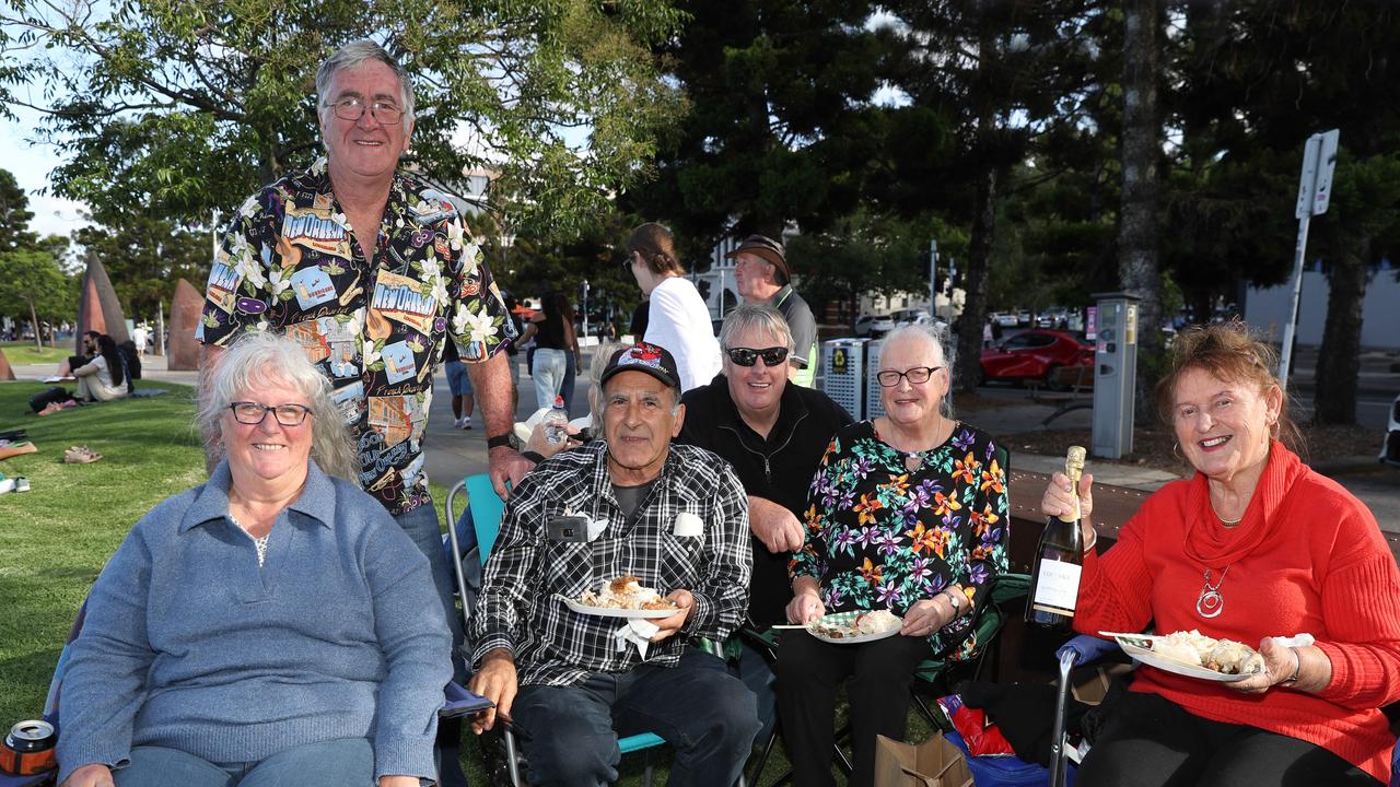 Lea and Noel Gilliland, Joe Manganelli, Geof Pring, Heidi Pavlic and Maria Sanigorski. Locals and visitors arrived early to get a good spot for the Geelong New Years Eve celebrations. Picture: Alan Barber