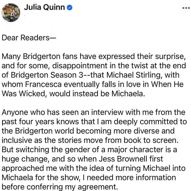 Author Julia Quinn addresses Bridgerton fans’ concerns.