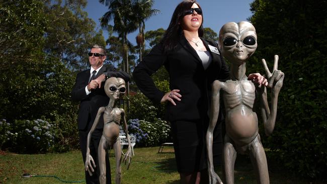 UFO conference organisers from Pennant Hills share their story and realistic aliens with us, Mick Turner and Kathryn Hand with a couple of ‘Zetans’. Photo: Adam Ward