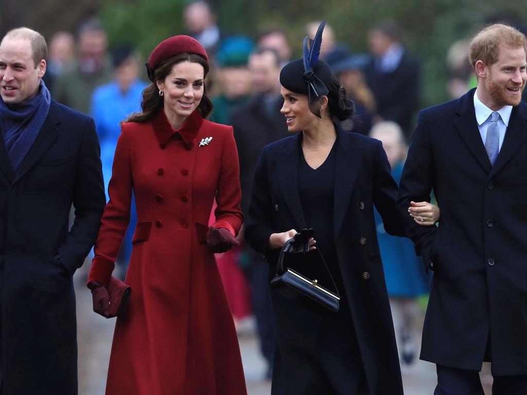 William, Kate, Meghan and Harry last Christmas in Sandringham. Picture: Stephen Pond/Getty Images