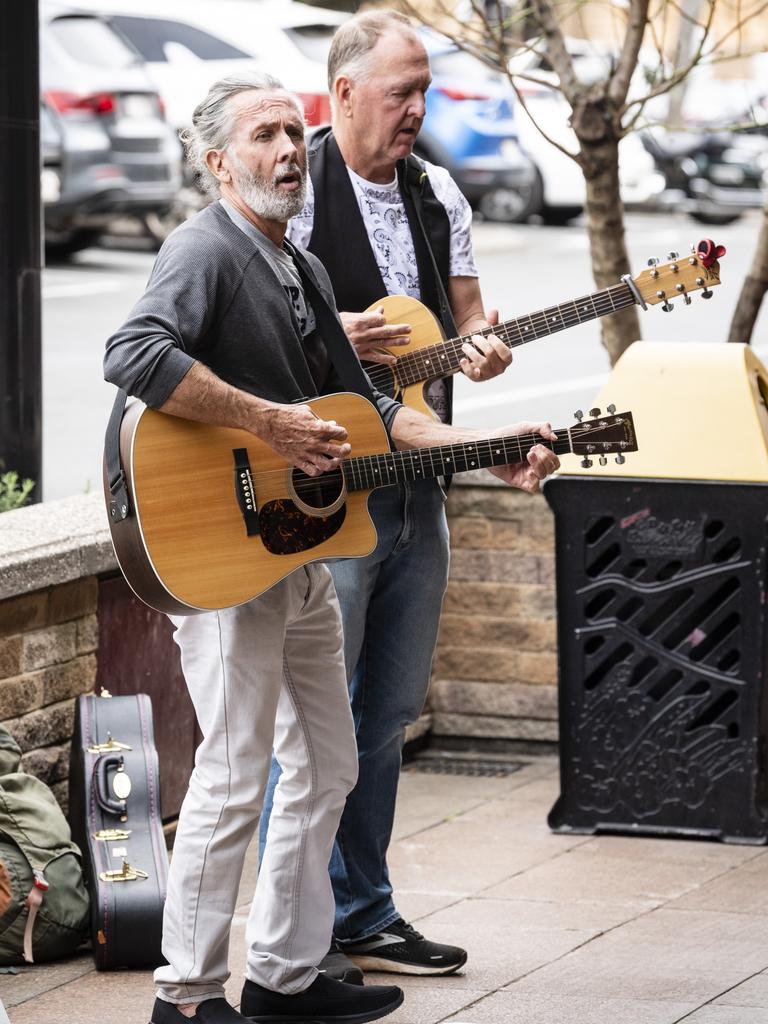 Performing as 2PZ are Paul Ryan (left) and Paul Keenan at the Toowoomba Busking Festival, Saturday, April 29, 2023. Picture: Kevin Farmer