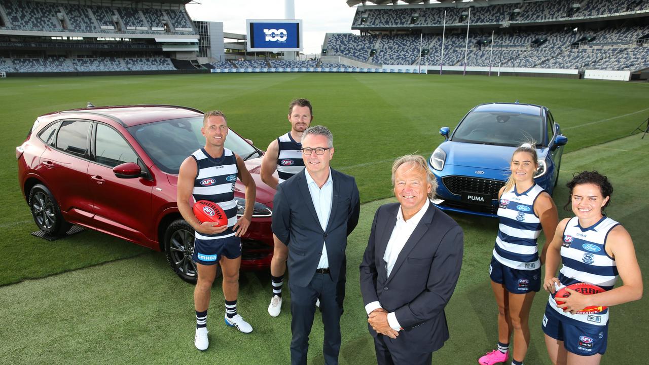 Geelong Cats players Joel Selwood, Patrick Dangerfield, Becky Webster and Meg McDonald with Ford Australia and New Zealand President and CEO Andrew Birkic and Geelong Cats CEO Brian Cook. Sponsorship partnership announcement with Ford and the Geelong Cats. Picture: Peter Ristevski