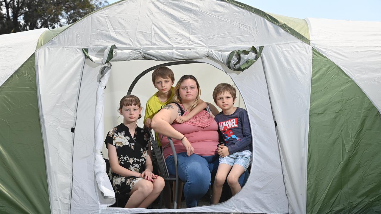 Sarah Wade and her four children are living in a tent in her mother’s garden. Picture: Keryn Stevens