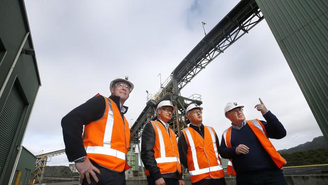 Tasmanian Premier Will Hodgman, Avebury Nickel Mine CEO Geoff Summers, Prime Minister Malcolm Turnbull, Liberal Braddon candidate Brett Whiteley at the announcement of the reopening of the Avebury Nickel Mine at Zeehan in 2018. PICTURE CHRIS KIDD