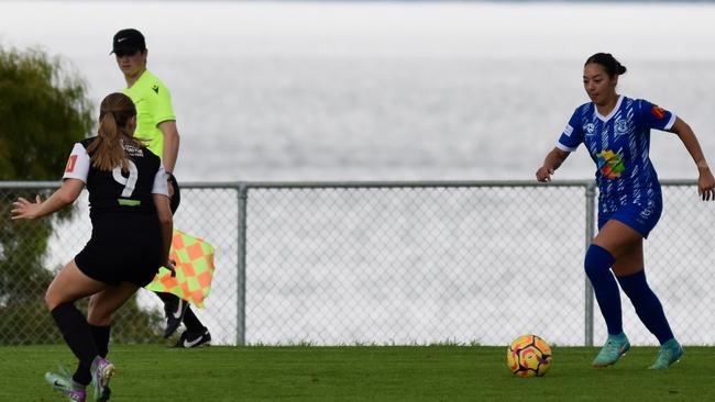 Launceston United striker Montana Leonard played her first game back from her second knee reconstruction, kicking two goals in the clubs 6-0 win over Taroona. Picture: Heather Reading