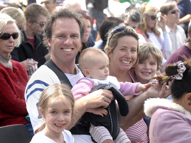 The Smyth family, of Seaforth. From left, Annabel, 6, dad John holding nine-month-old Daisy, mum Mandy and Nicholas, 4 at the Manly Jazz festival in 2008. Picture: Virginia Young