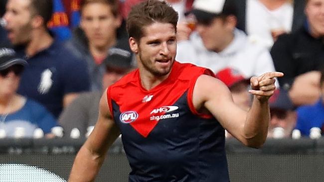 Jesse Hogan celebrates one of his five goals. Picture: Getty