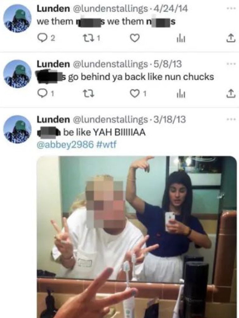 The tweets showed Stallings using the racial slur constantly between 2012 and 2014. Picture: Reddit