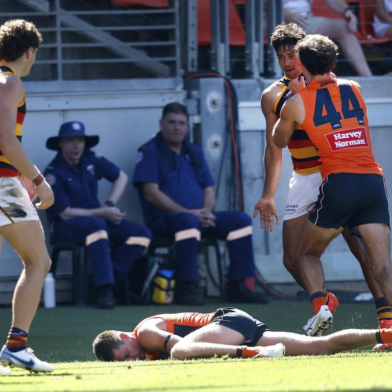GWS players remonstrate with Crows forward Shane McAdam after his high bump on Jacob Wehr. Picture: Phil Hillyard