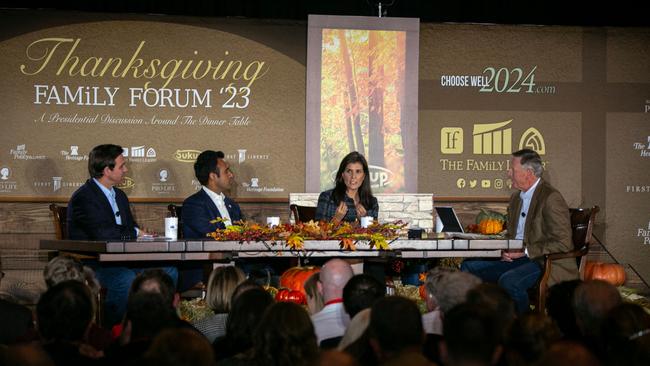 Republican presidential candidates Ron DeSantis, Vivek Ramaswamy, and Nikki Haley at an event in Iowa.