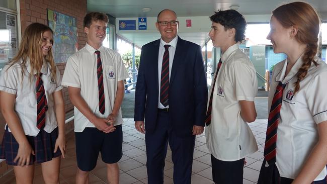 Bishop Druitt College Year 10 students Molly Williams, Tom Couper, Jaxon Donoghue and Ruby Smith with principal Nick Johnstone (centre). February 21, 2023. Picture: Chris Knight