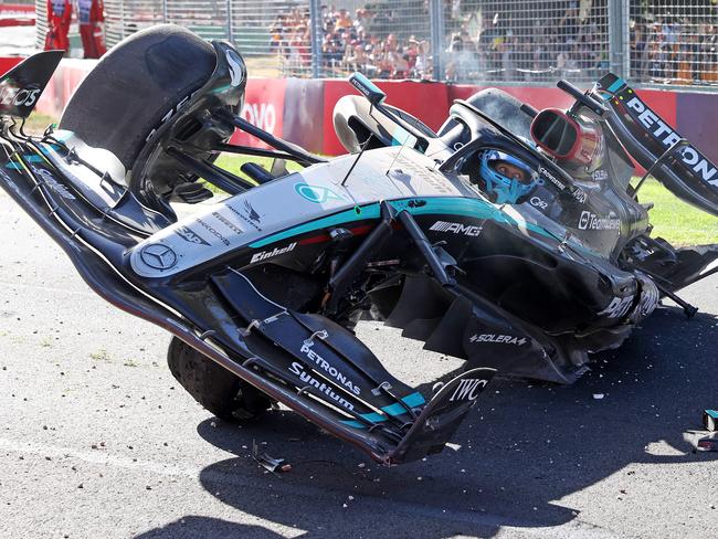 BEST PICS 2024 MELBOURNE, MARCH 24, 2024: 2024 Formula One Australian Grand Prix at Albert Park. Mercedes driver George Russell runs wide and crashes on turn six. Picture: Mark Stewart