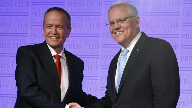 Labor leader Bill Shorten and Prime Minister Scott Morrison shake hands at the start of the Leaders’ Debate. Picture: Liam Kidston