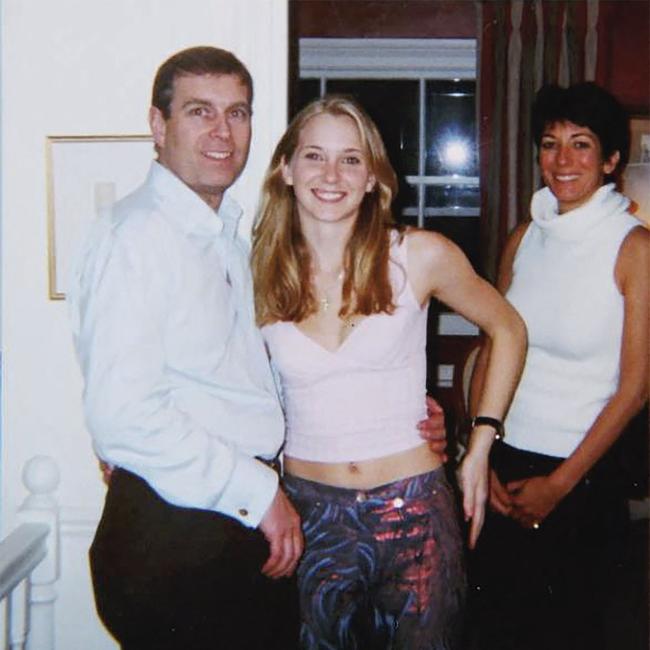 An undated photo of Prince Andrew, Virginia Giuffre, and Ghislaine Maxwell. Picture: AFP.