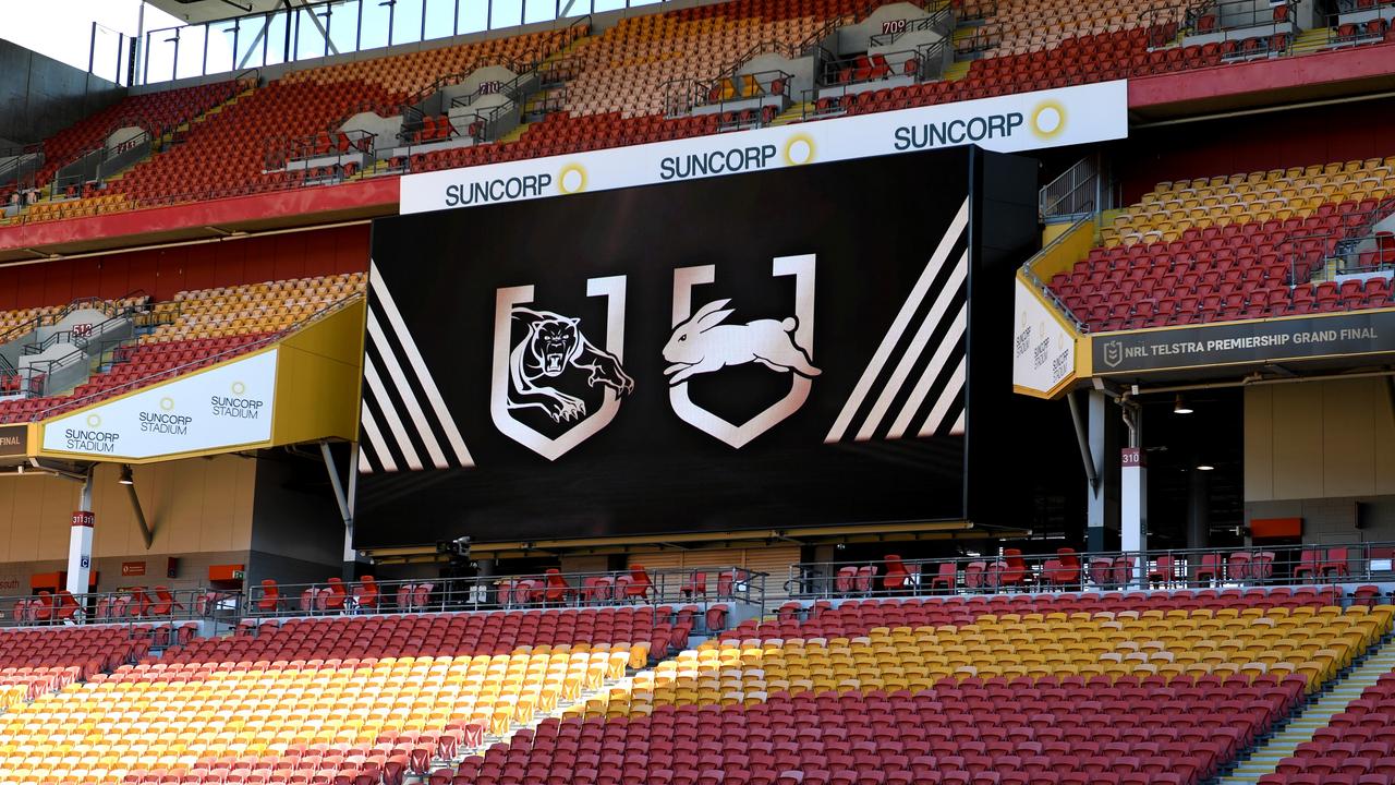 The Suncorp Stadium scoreboard ready for the grand final. Picture: Bradley Kanaris/Getty