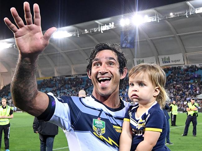 GOLD COAST, AUSTRALIA - SEPTEMBER 01: Johnathan Thurston of the Cowboys farewells fans as he celebrates his last NRL match after the round 25 NRL match between the Gold Coast Titans and the North Queensland Cowboys at Cbus Super Stadium on September 1, 2018 in Gold Coast, Australia.  (Photo by Bradley Kanaris/Getty Images)