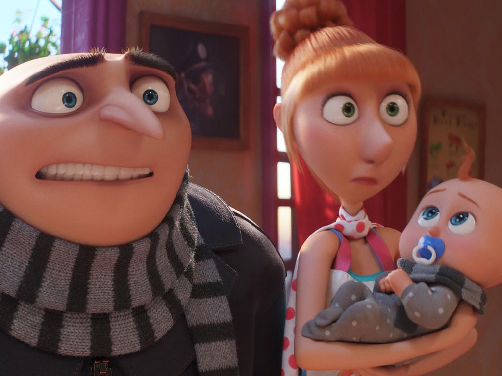 Gru (Steve Carell), Lucy (Kristen Wiig) and Gru Jr. in Despicable Me 4.