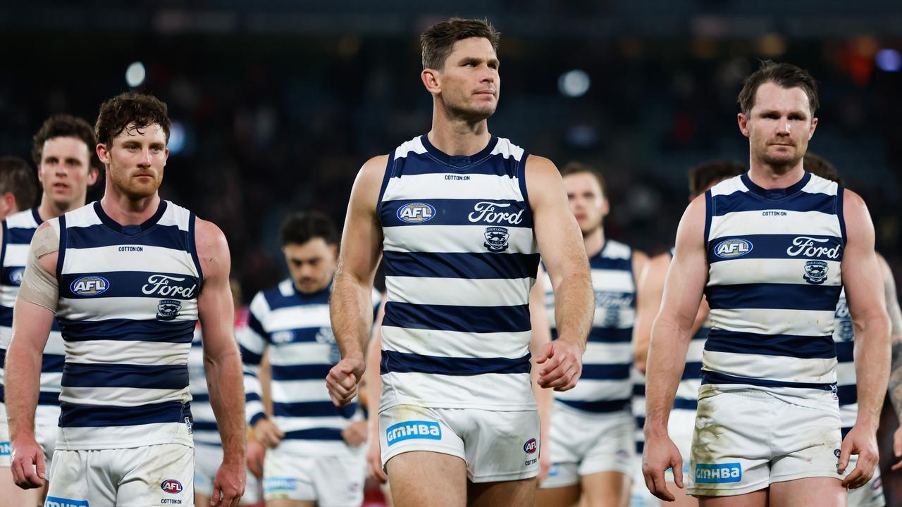 MELBOURNE, AUSTRALIA - AUGUST 19: Tom Hawkins of the Cats looks dejected after a loss during the 2023 AFL Round 23 match between the St Kilda Saints and the Geelong Cats at Marvel Stadium on August 19, 2023 in Melbourne, Australia. (Photo by Dylan Burns/AFL Photos via Getty Images)