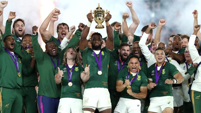 Siya Kolisi of South Africa lifts the Web Ellis cup following his team's victory against England in the Rugby World Cup final. Picture: Getty Images