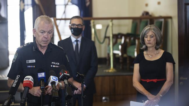 Covid co-ordinator Grant Stevens, Premier Steven Marshall and chief public health officer Nicola Spurrier at a Covid press conference. Picture: Simon Cross