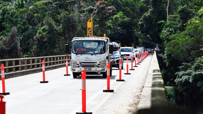 Traffic has been reduced to a single lane of traffic intermittently on the existing bridge since a load limit was introduced in 2020. Picture: Brendan Radke