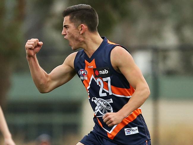 MELBOURNE, AUSTRALIA - APRIL 27: Ned Gentile of Calder Cannons celebrates a goal during the round 05 NAB League Boys match between Calder Cannons and Geelong Falcons at RAMS Arena on April 27, 2019 in Melbourne, AustraliNed Gentilea. (Photo by Martin Keep/AFL Photos)