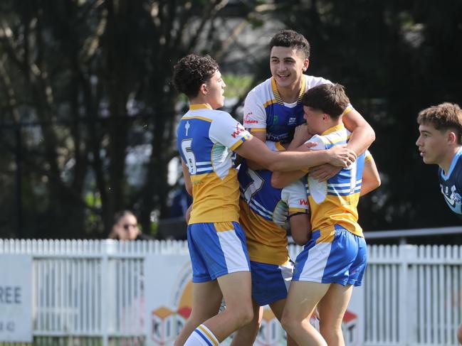 DAILY TELEGRAPH. MAY 7, 2025. Pictured is The Peter Mulholland Cup at Ringrose Park, Wentworthville today. Patrician Brothers Blacktown (blue and yellow) v Matraville SHS. Picture: Tim Hunter.