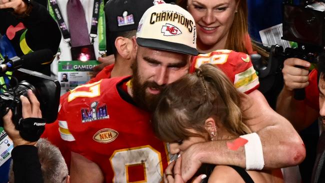 Taylor Swift and Kansas City Chiefs' tight end #87 Travis Kelce embrace after the Chiefs won Super Bowl LVIII against the San Francisco 49ers at Allegiant Stadium in Las Vegas, Nevada, February 11, 2024. Picture: Patrick T. Fallon/AFP