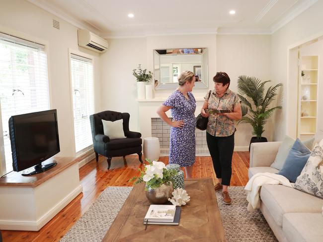 Catherine Murphy (left) and potential buyer, Helen Valenzuela at an open house for a Beecroft property. Picture: John Feder/The Australian.