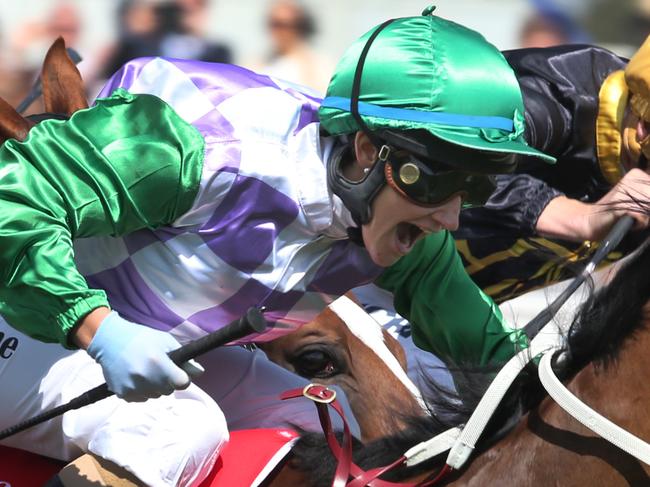 Prince of Penzance (centre), ridden by Michelle Payne, comes home to win The Melbourne Cup with 100m to go during Melbourne Cup Day at Flemington Racecourse in Melbourne, Tuesday, Nov. 3, 2015. (AAP Image/David Crosling) NO ARCHIVING, EDITORIAL USE ONLY