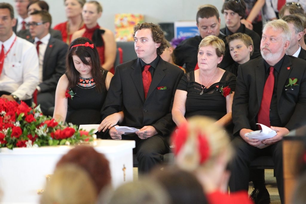 Funeral for Daniel Morcombe at St Catherine's Church, Sippy Downs. Daniel's older brother Dean, second from left, beside their parents Denise and Bruce. . Picture: Brett Wortman