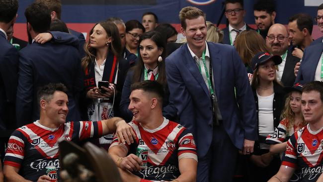 Australian cricketer Steve Smith in the Roosters shed after the grand final win. Picture: Brett Costello