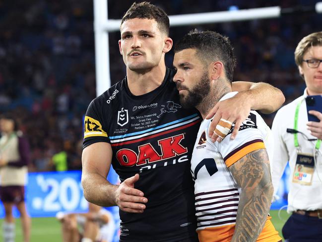 Nathan Cleary and Adam Reynolds after  the 2023 NRL Grand Final between the Brisbane Broncos and the Penrith Panthers at Accor Stadium, Sydney Olympic Park. Pics Adam Head