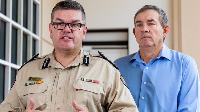 Corrections Commissioner Matthew Varley and NT deputy Chief Minister Minister Gerard Maley speaking outside of NT Parliament on Thursday ahead of a vote on a bill that will allow private contractors to take on prison officer roles. Picture: Pema Tamang Pakhrin