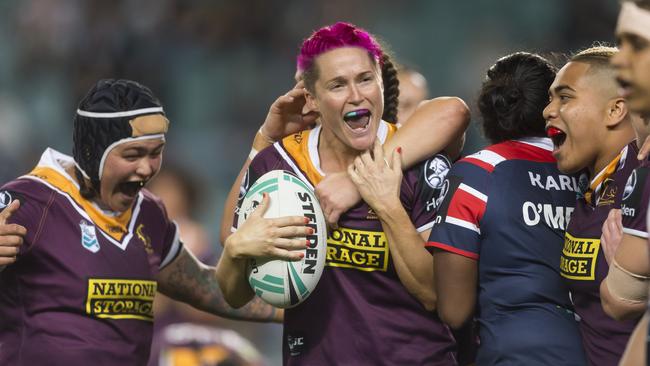 Broncos star Chelsea Baker celebrates the win over the Roosters with her teammates at Allianz Stadium. Picture: AAP