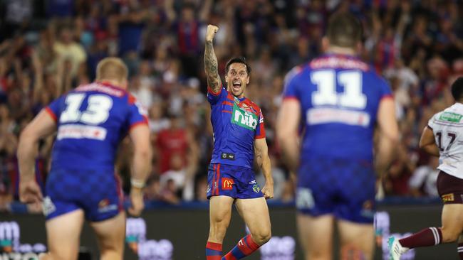 Newcastle's Mitchell Pearce celebrates after kicking the winning field goal in extra time during the Newcastle Knights v Manly rugby league match at McDonald Jones Stadium, Newcastle. Picture: Brett Costello