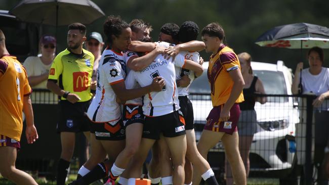 Macarthur Wests Tigers celebrate a try. Picture: Warren Gannon Photography