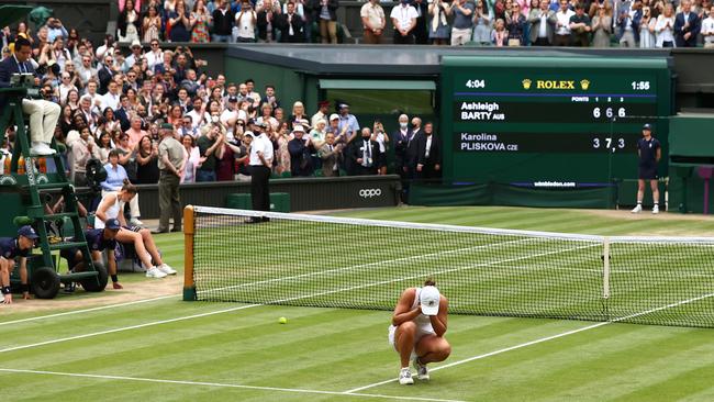 An overwhelmed Ash Barty of Australia after winning Wimbledon early on Sunday (AEST). Picture: Getty Images