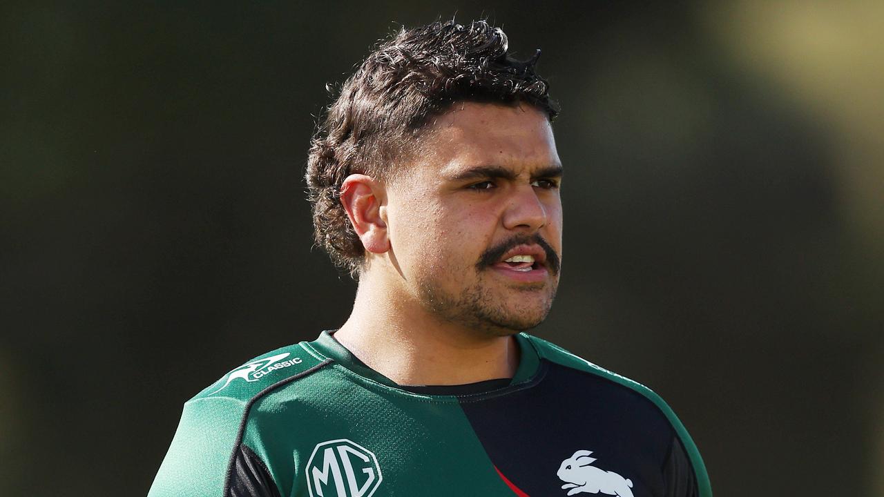 SYDNEY, AUSTRALIA - AUGUST 29: Latrell Mitchell looks on during a South Sydney Rabbitohs NRL Training Session at USANA Rabbitohs Centre on August 29, 2023 in Sydney, Australia. (Photo by Mark Metcalfe/Getty Images)