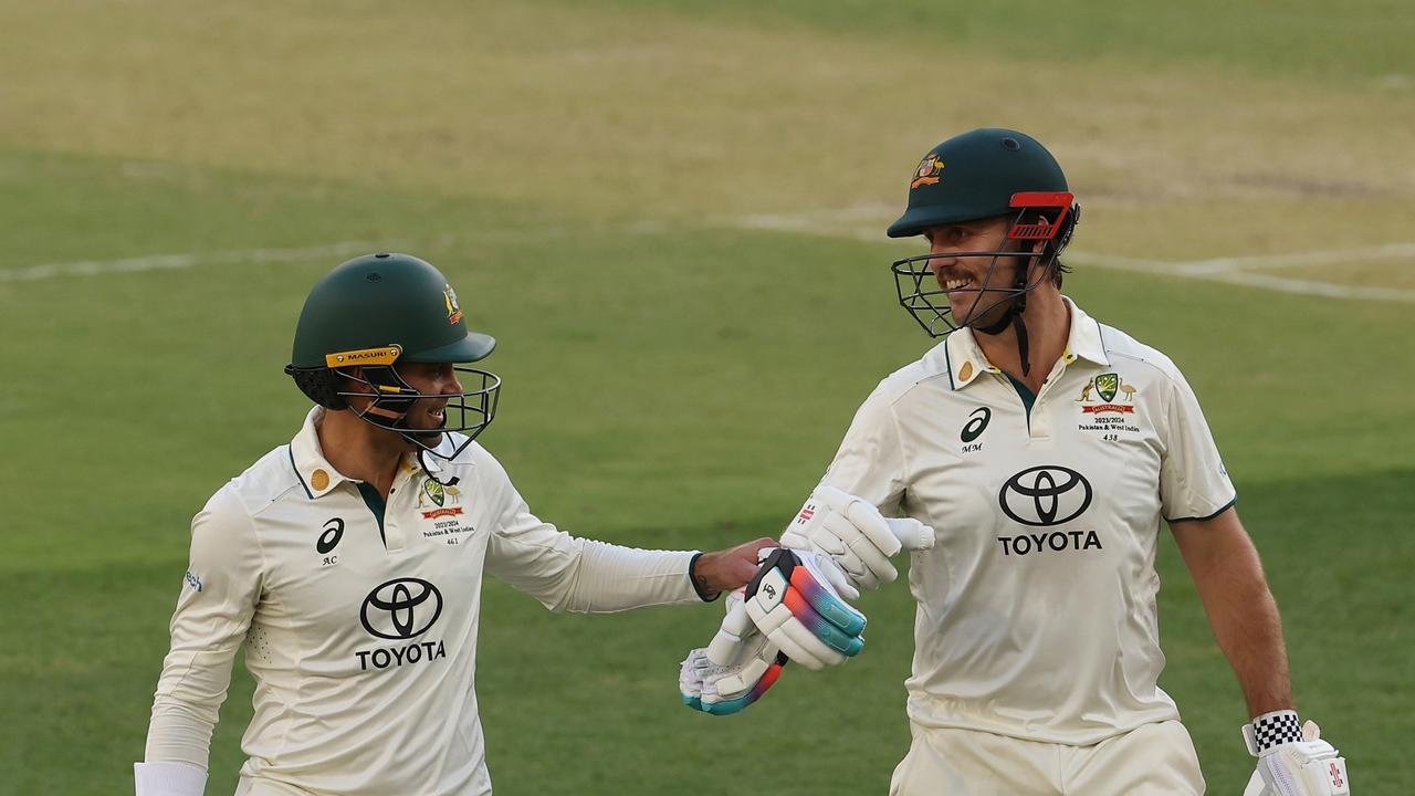 PERTH, AUSTRALIA - DECEMBER 14: Alex Carey and Mitch Marsh of Australia walk off at the end of day one of the Men's First Test match between Australia and Pakistan at Optus Stadium on December 14, 2023 in Perth, Australia. (Photo by Paul Kane/Getty Images)