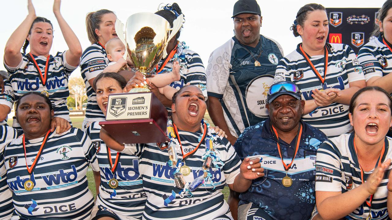 Darwin Brothers celebrate winning the 2023 NRL NT grand final. Picture: Pema Tamang Pakhrin