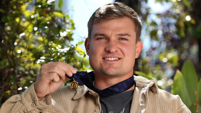 PERTH, AUSTRALIA - SEPTEMBER 20: Ollie Wines poses during a press conference following his 2021 Brownlow Medal win at Crown Towers on September 20, 2021 in Perth, Australia. (Photo by Paul Kane/Getty Images)