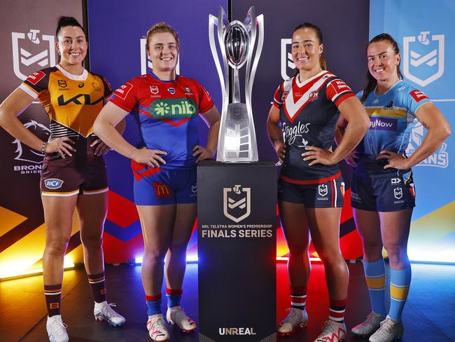 DAILY TELEGRAPH - 19.9.23MUST NOT PUBLISH BEFORE CLEARING WITH  PIC EDITOR - NRLW finals launch at NRL HQ in Sydney this morning.  Finals captains L to R, Romy Teitzel, Hannah Southwell, Isabelle Kelly and Georgia Hale. Picture: Sam Ruttyn