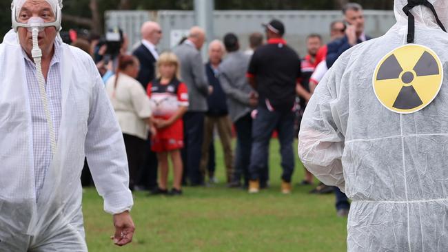 Peter Dutton’s campaign was interrupted by nuclear protesters at the Francis Ryan Sporting Fields in Sanctuary Point. Picture: Adam Head / NewsWire