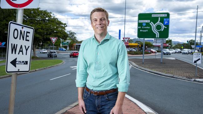 Mr Simmonds, at the Kenmore roundabout. he secured $10 million in funding to upgrade it, and $25 million to upgrade Indooroopilly roundabout. Picture: AAP/Richard Walker