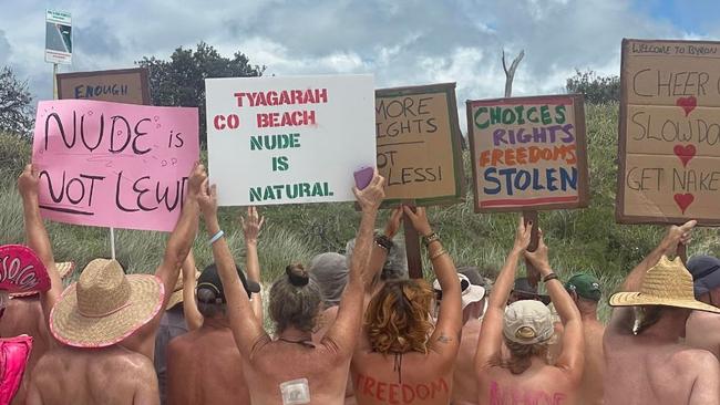 More than 150 naturists took to the beach on Sunday to fight its closure. Picture: Sam Stolz