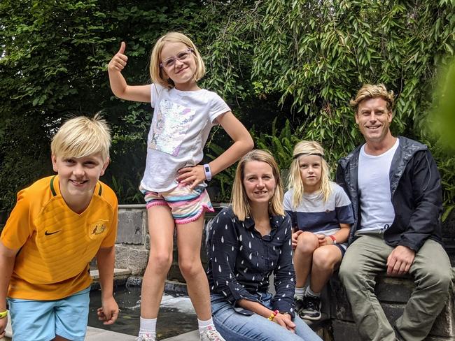 EMBARGO FOR TWAM, 14 SEPTEMBER 2024. FEE MAY APPLY. L-R Rawson, Lacey, with mum Lisa, Harvey and dad Luke Campbell. Lisa was diagnosed with early onset dementia. Photo: Supplied