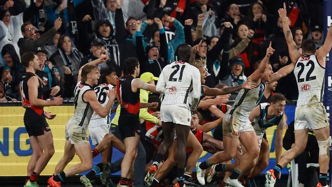 The Power celebrate Dan Houston’s winning goal. (Photo by Michael Willson/AFL Photos via Getty Images)